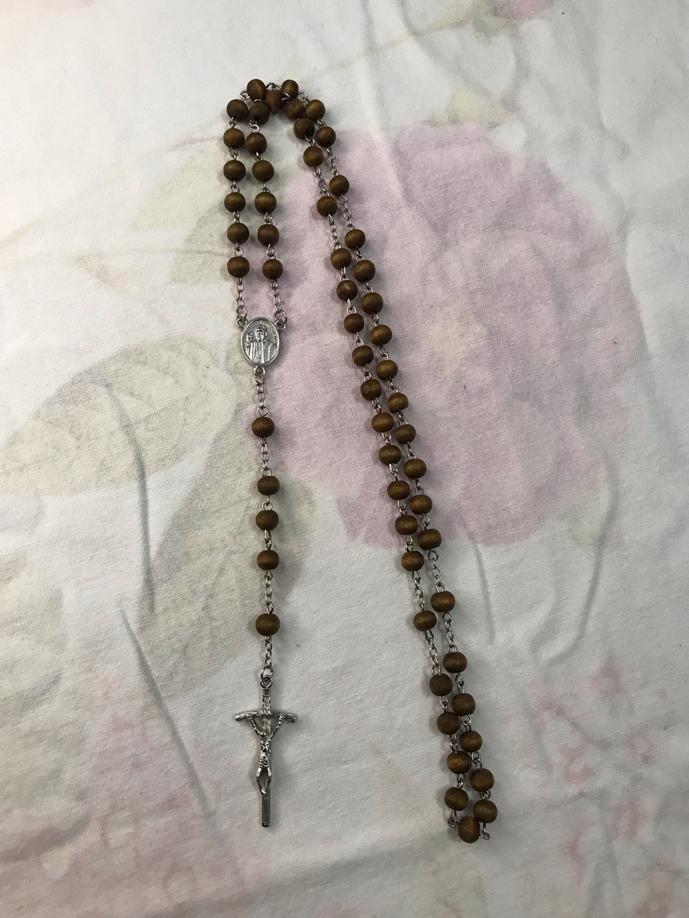 Silver Tone Chain Brown Wood Beads Rosary Necklace 26”